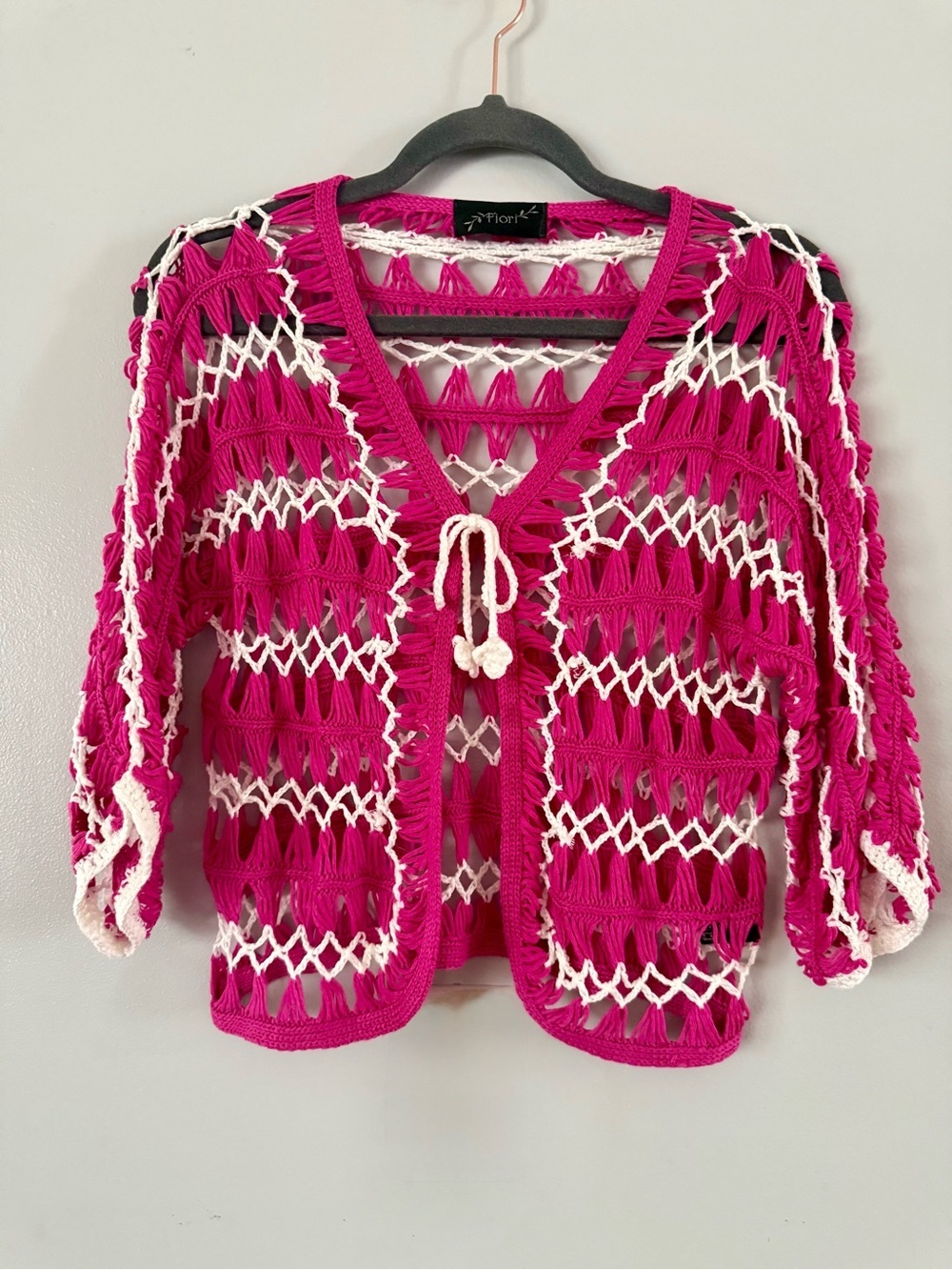 🌸 Flori Pink & White Open-Knit Crochet Tie-Front Cardigan S 🌸